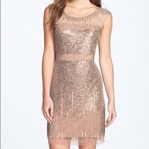 Adrianna Patel illusion yoke beaded sheath dress